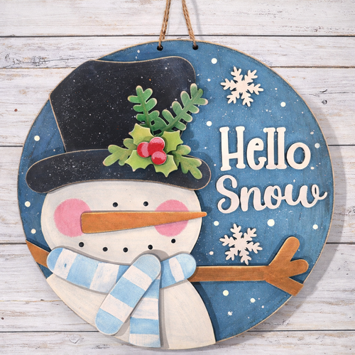 NO817 - MDF Round Hello Snow Christmas Snowman Hanging Plaque
