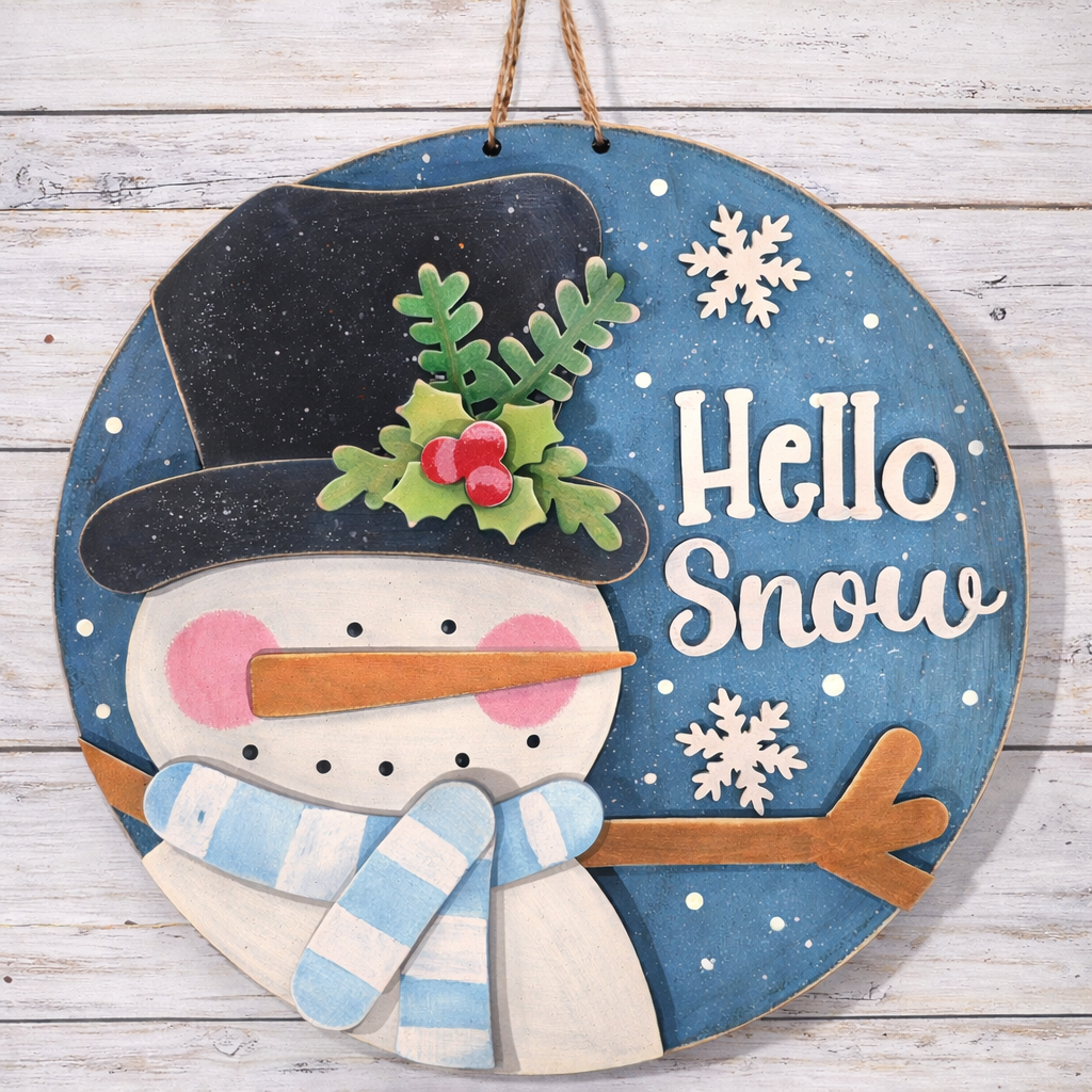 NO817 - MDF Round Hello Snow Christmas Snowman Hanging Plaque