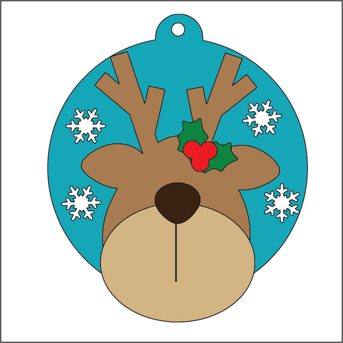 NO378 - MDF 2 Sizes Christmas Round  Hanging Bauble - Rudolph Reindeer Head - Olifantjie - Wooden - MDF - Lasercut - Blank - Craft - Kit - Mixed Media - UK