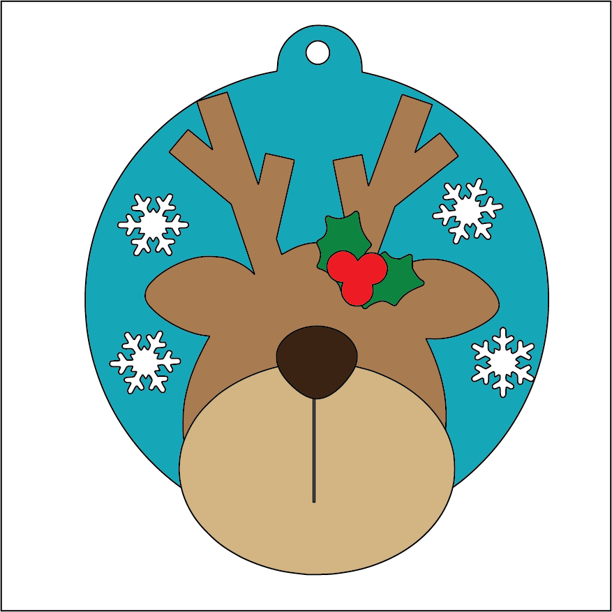 NO378 - MDF 2 Sizes Christmas Round  Hanging Bauble - Rudolph Reindeer Head - Olifantjie - Wooden - MDF - Lasercut - Blank - Craft - Kit - Mixed Media - UK