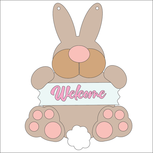 NO511 - MDF Large Bunny Rabbit Easter Sign 'Welcome' - Olifantjie - Wooden - MDF - Lasercut - Blank - Craft - Kit - Mixed Media - UK