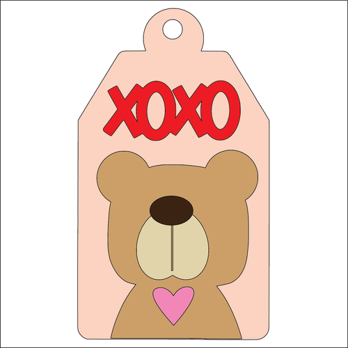 NO526 - MDF 2 Sizes XOXO Bear Valentines Love Tag Hanging - Olifantjie - Wooden - MDF - Lasercut - Blank - Craft - Kit - Mixed Media - UK