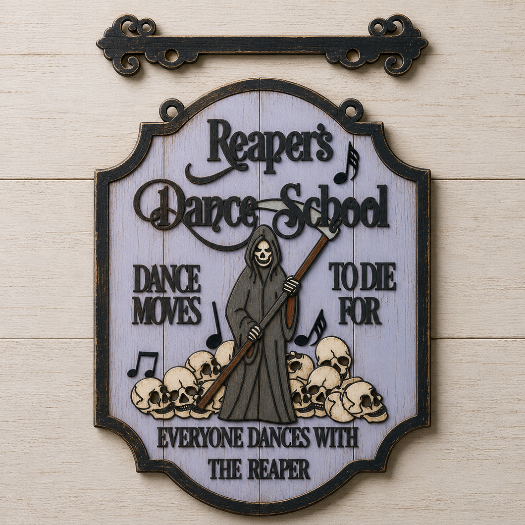 OL3474 - MDF Farmhouse Doodle Halloween - Hanging Sign Layered Plaque - Reaper Dance School - Olifantjie - Wooden - MDF - Lasercut - Blank - Craft - Kit - Mixed Media - UK