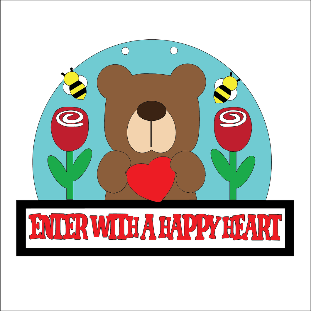 NO515 - MDF Large Bear Heart Valentines Sign 'Enter with a happy heart' - Olifantjie - Wooden - MDF - Lasercut - Blank - Craft - Kit - Mixed Media - UK