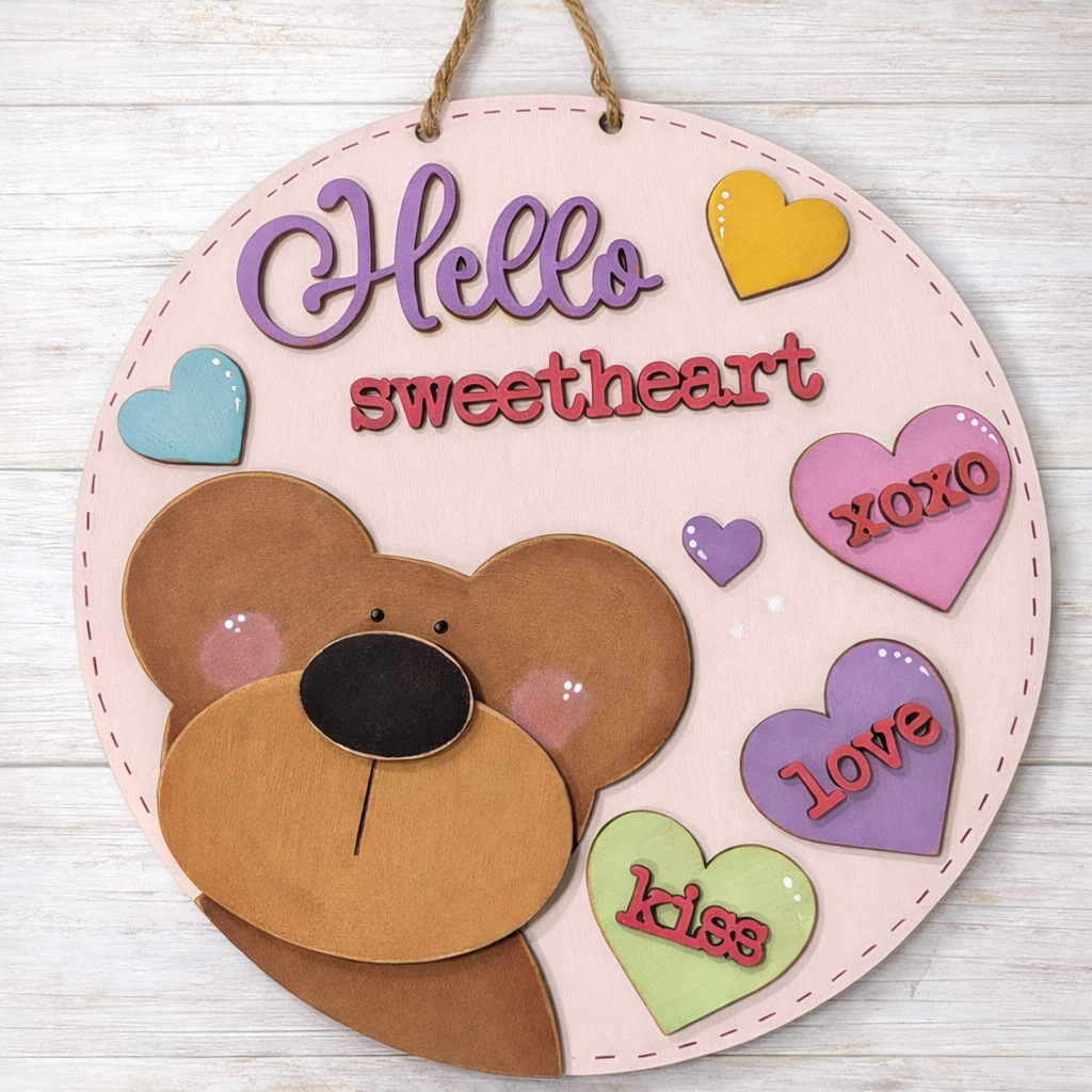 NO828 - MDF Round Love Heart Teddy Hanging Plaque - Olifantjie - Wooden - MDF - Lasercut - Blank - Craft - Kit - Mixed Media - UK