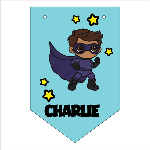 FG058 - MDF Themed Personalised Pennant Flag - MDF Super Hero style 1 - Olifantjie - Wooden - MDF - Lasercut - Blank - Craft - Kit - Mixed Media - UK