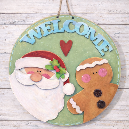 NO815 - MDF Round Merry Christmas Santa Gingerbread Hanging Plaque