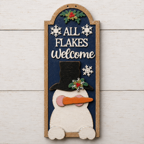 NO793 - MDF All Flakes Welcome Snowman Hanging Plaque - Olifantjie - Wooden - MDF - Lasercut - Blank - Craft - Kit - Mixed Media - UK