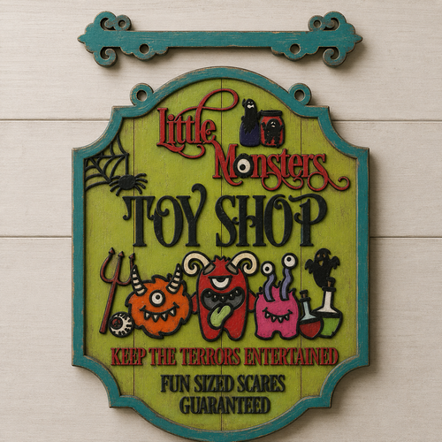 OL3475 - MDF Farmhouse Doodle Halloween - Hanging Sign Layered Plaque - Little monster toy shop - Olifantjie - Wooden - MDF - Lasercut - Blank - Craft - Kit - Mixed Media - UK