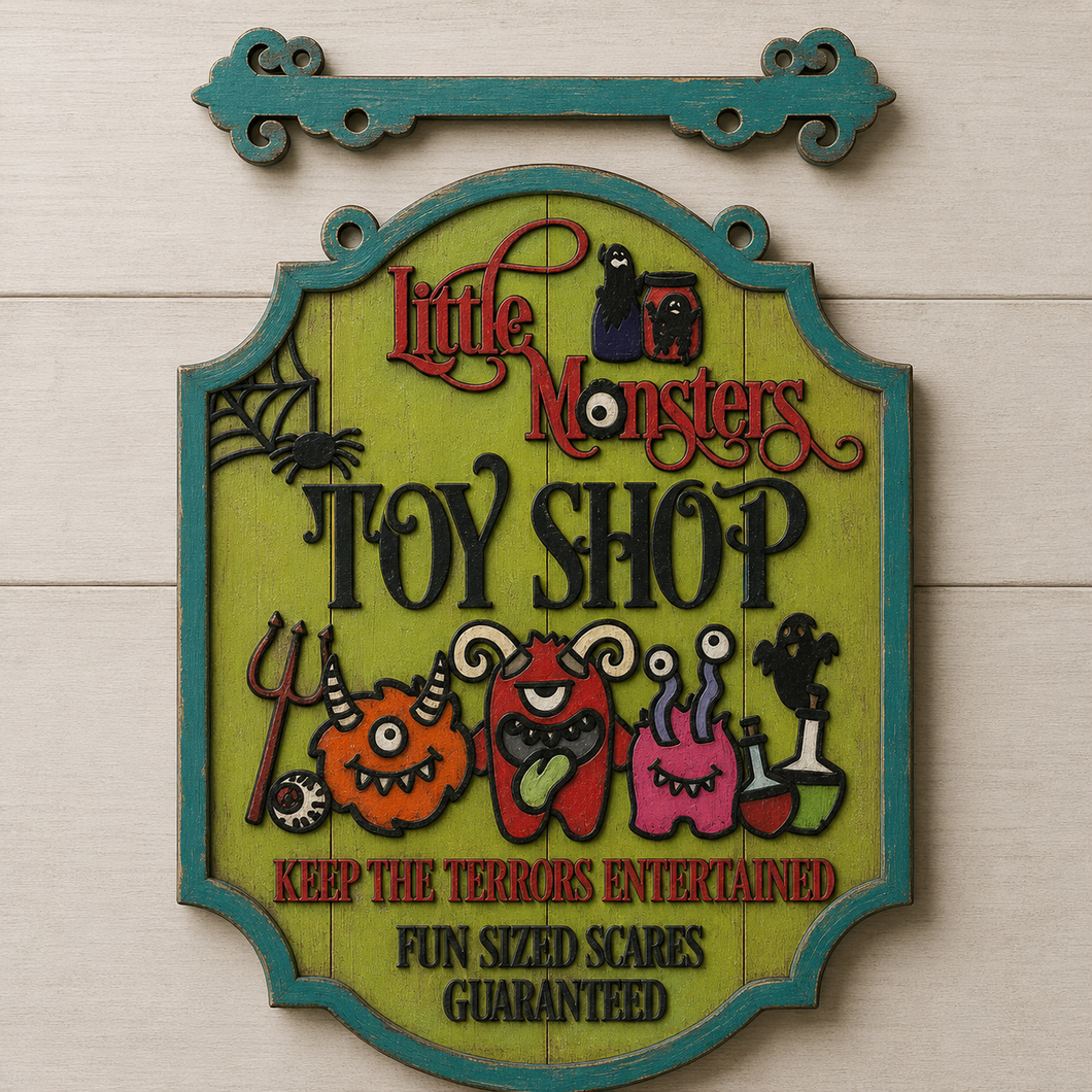 OL3475 - MDF Farmhouse Doodle Halloween - Hanging Sign Layered Plaque - Little monster toy shop - Olifantjie - Wooden - MDF - Lasercut - Blank - Craft - Kit - Mixed Media - UK