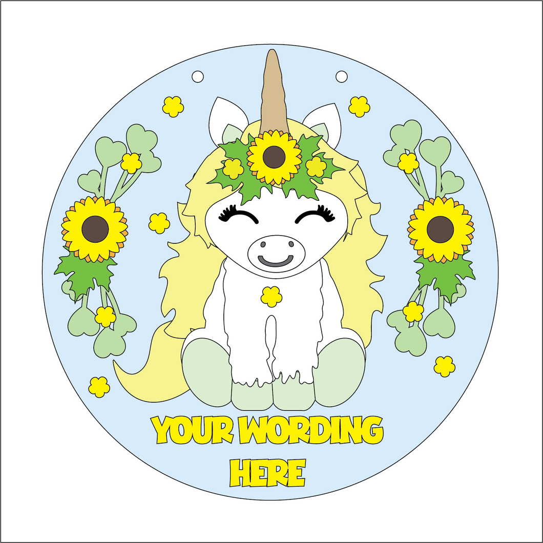 OL5324 - Large Round Daisy Unicorn Personalised Plaque - optional hanging - Olifantjie - Wooden - MDF - Lasercut - Blank - Craft - Kit - Mixed Media - UK