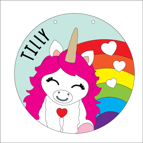 OL5326 - Large Round Rainbow Unicorn Personalised Plaque - optional hanging - Olifantjie - Wooden - MDF - Lasercut - Blank - Craft - Kit - Mixed Media - UK