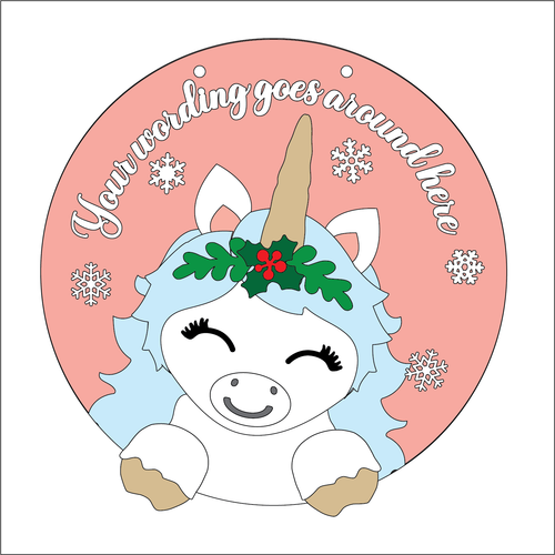 OL5327 - Large Round Christmas Unicorn Personalised Plaque - optional hanging - Olifantjie - Wooden - MDF - Lasercut - Blank - Craft - Kit - Mixed Media - UK