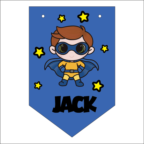 FG060 - MDF Themed Personalised Pennant Flag - MDF Super Hero style 3 - Olifantjie - Wooden - MDF - Lasercut - Blank - Craft - Kit - Mixed Media - UK