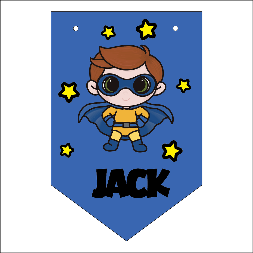 FG060 - MDF Themed Personalised Pennant Flag - MDF Super Hero style 3 - Olifantjie - Wooden - MDF - Lasercut - Blank - Craft - Kit - Mixed Media - UK