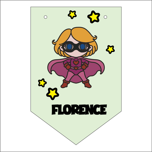 FG061 - MDF Themed Personalised Pennant Flag - MDF Super Hero style 4 - Olifantjie - Wooden - MDF - Lasercut - Blank - Craft - Kit - Mixed Media - UK