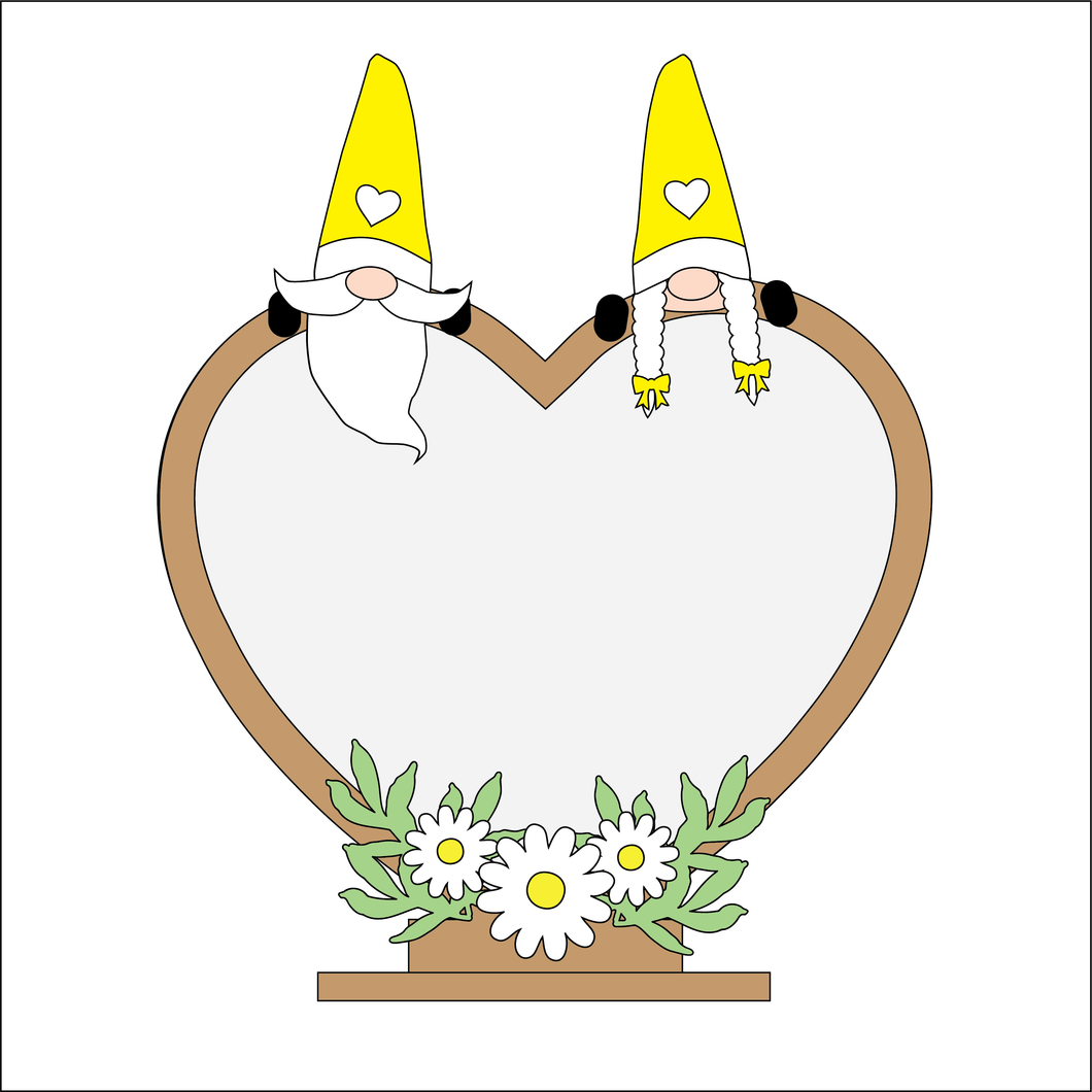 OL4371 - MDF  Heart - Freestanding or Hanging/no holes - Acrylic white, or clear or MDF Heart Backing - Daisy Gnome Couple (choice gnomes) - Olifantjie - Wooden - MDF - Lasercut - Blank - Craft - Kit - Mixed Media - UK