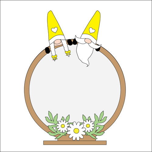 OL4374 - MDF Circle - Freestanding or Hanging/no holes - Acrylic white, or clear or MDF Heart Backing - Daisy Gnome Couple (choice gnomes) - Olifantjie - Wooden - MDF - Lasercut - Blank - Craft - Kit - Mixed Media - UK