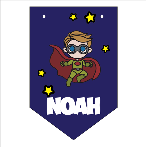 FG062 - MDF Themed Personalised Pennant Flag - MDF Super Hero style 5 - Olifantjie - Wooden - MDF - Lasercut - Blank - Craft - Kit - Mixed Media - UK