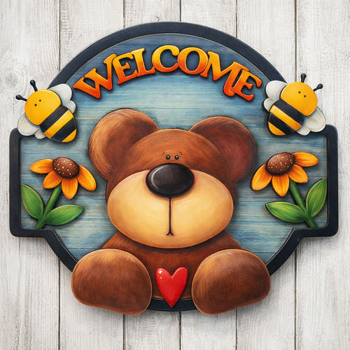 NO127 - MDF This Bear Flower Bee Hanging Sign - Olifantjie - Wooden - MDF - Lasercut - Blank - Craft - Kit - Mixed Media - UK