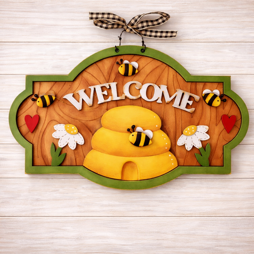 NO653 - MDF Welcome Bee Hive 25cm Street Sign - Olifantjie - Wooden - MDF - Lasercut - Blank - Craft - Kit - Mixed Media - UK