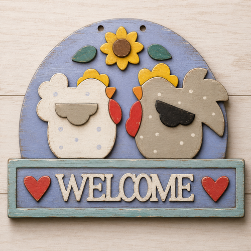 NO798 - MDF Large Chicken Rooster Welcome Hanging Plaque - Olifantjie - Wooden - MDF - Lasercut - Blank - Craft - Kit - Mixed Media - UK