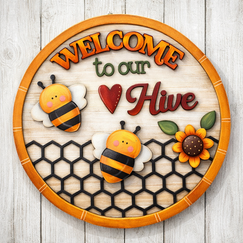 NO552 - MDF Large Bee Welcome to our Hive Hanging - Olifantjie - Wooden - MDF - Lasercut - Blank - Craft - Kit - Mixed Media - UK