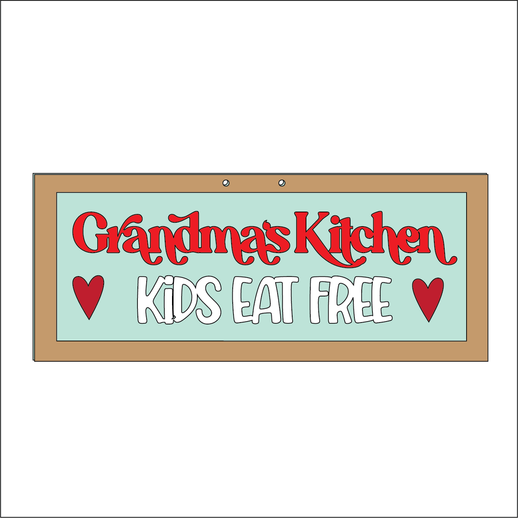 NO345 - MDF Farmhouse Hanging Sign - Grandmas kitchen kids eat free - Olifantjie - Wooden - MDF - Lasercut - Blank - Craft - Kit - Mixed Media - UK