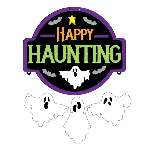 NO347 - MDF Large Happy Haunting Sign - Olifantjie - Wooden - MDF - Lasercut - Blank - Craft - Kit - Mixed Media - UK