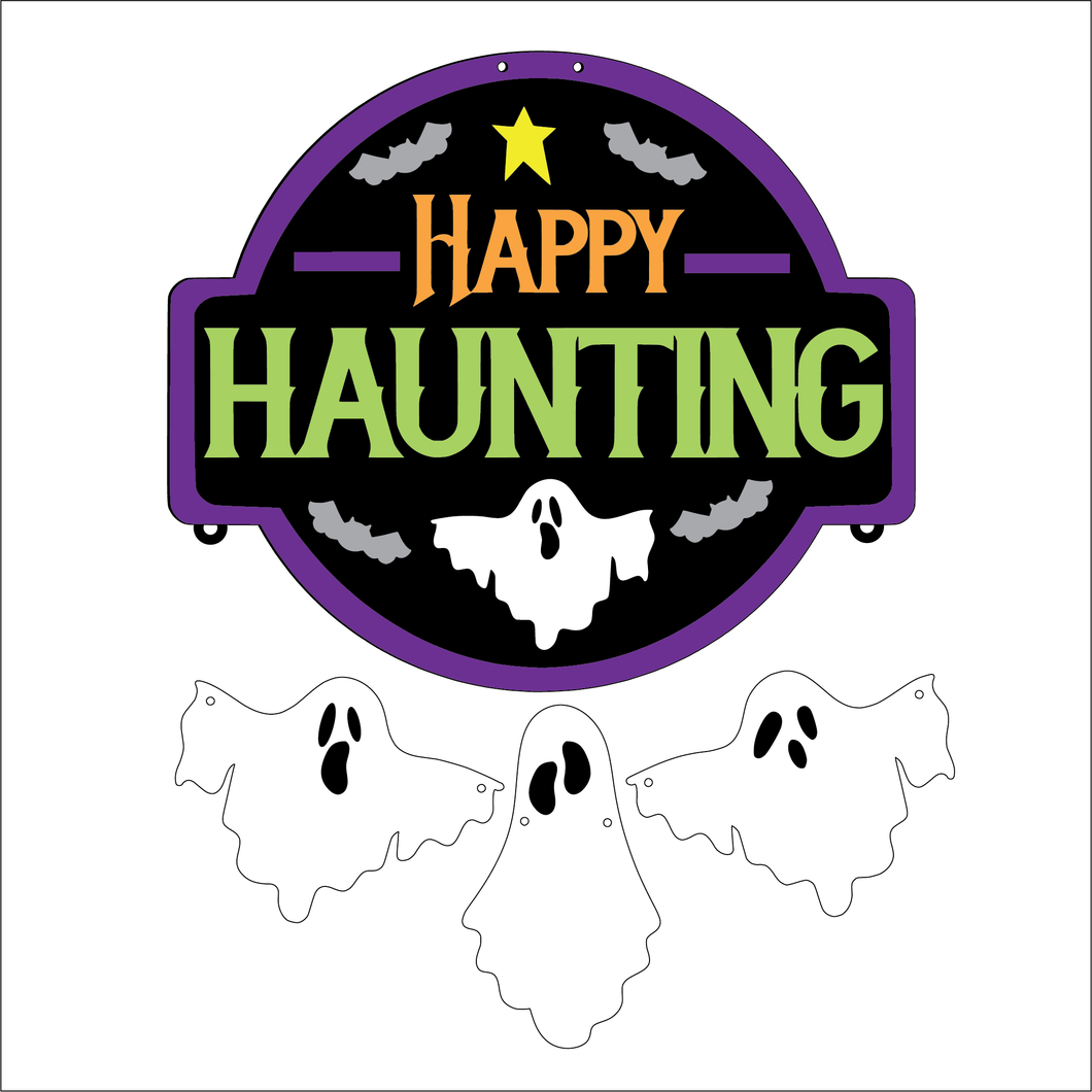 NO347 - MDF Large Happy Haunting Sign - Olifantjie - Wooden - MDF - Lasercut - Blank - Craft - Kit - Mixed Media - UK