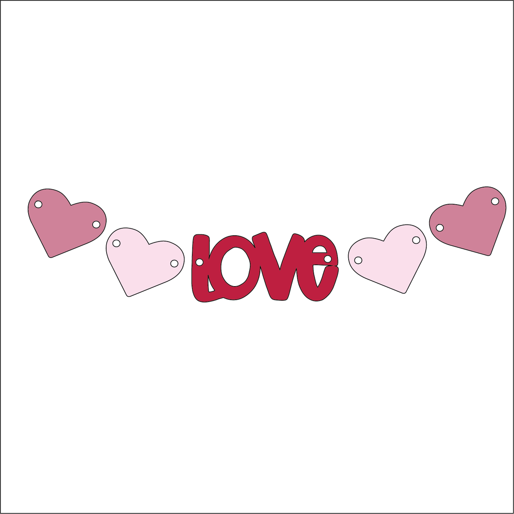 NO356 - MDF Love Bunting 25cm as laid out - Olifantjie - Wooden - MDF - Lasercut - Blank - Craft - Kit - Mixed Media - UK