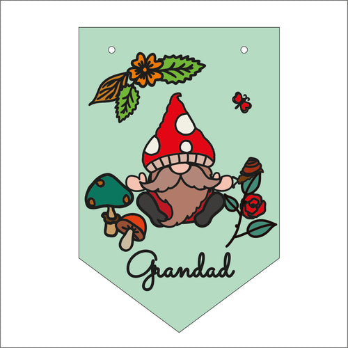 FG040 - MDF Themed Personalised Pennant Flag - Doodle Gnome -Woodland Gnome 1 - Olifantjie - Wooden - MDF - Lasercut - Blank - Craft - Kit - Mixed Media - UK
