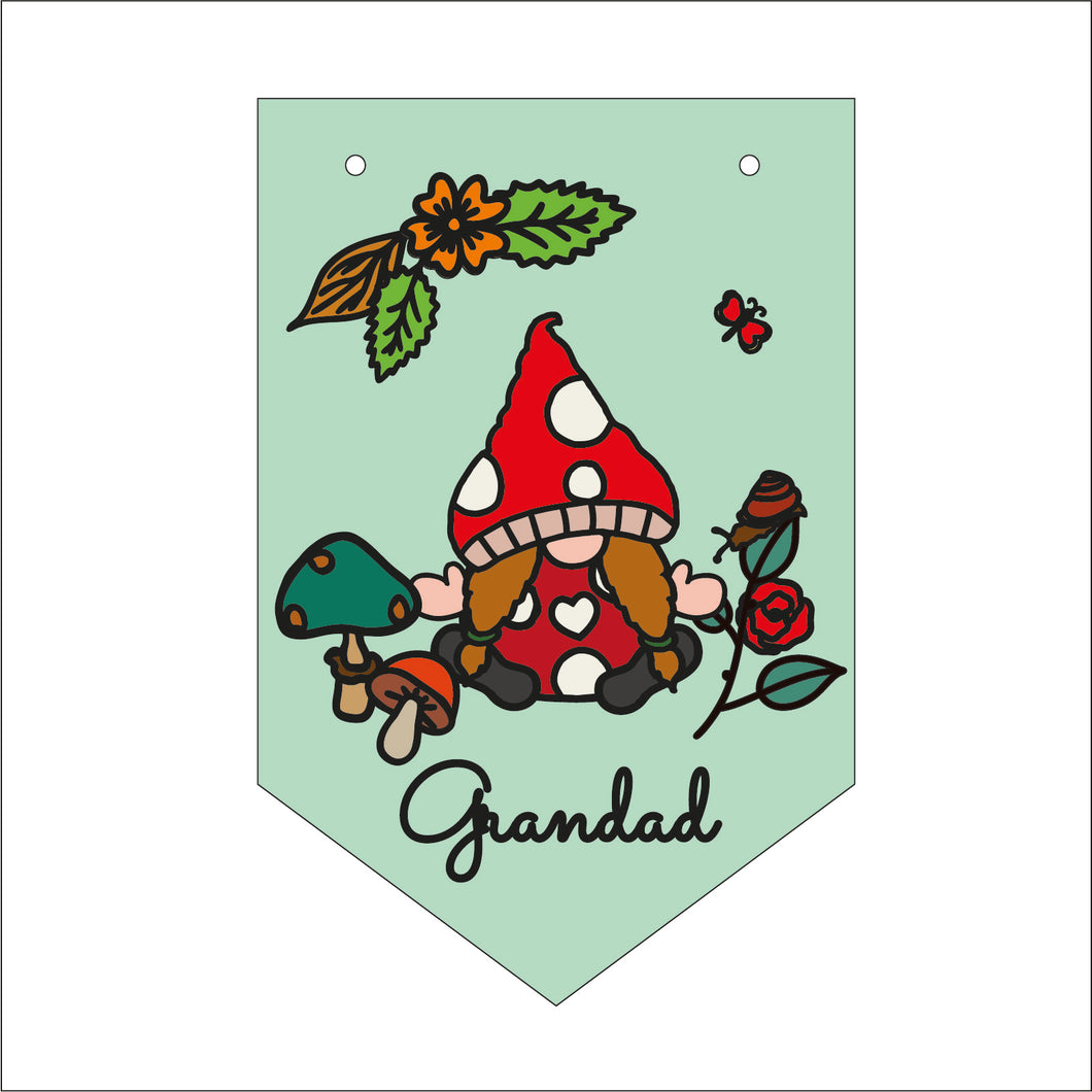 FG041 - MDF Themed Personalised Pennant Flag - Doodle Gnome -Woodland Gnome 2 - Olifantjie - Wooden - MDF - Lasercut - Blank - Craft - Kit - Mixed Media - UK