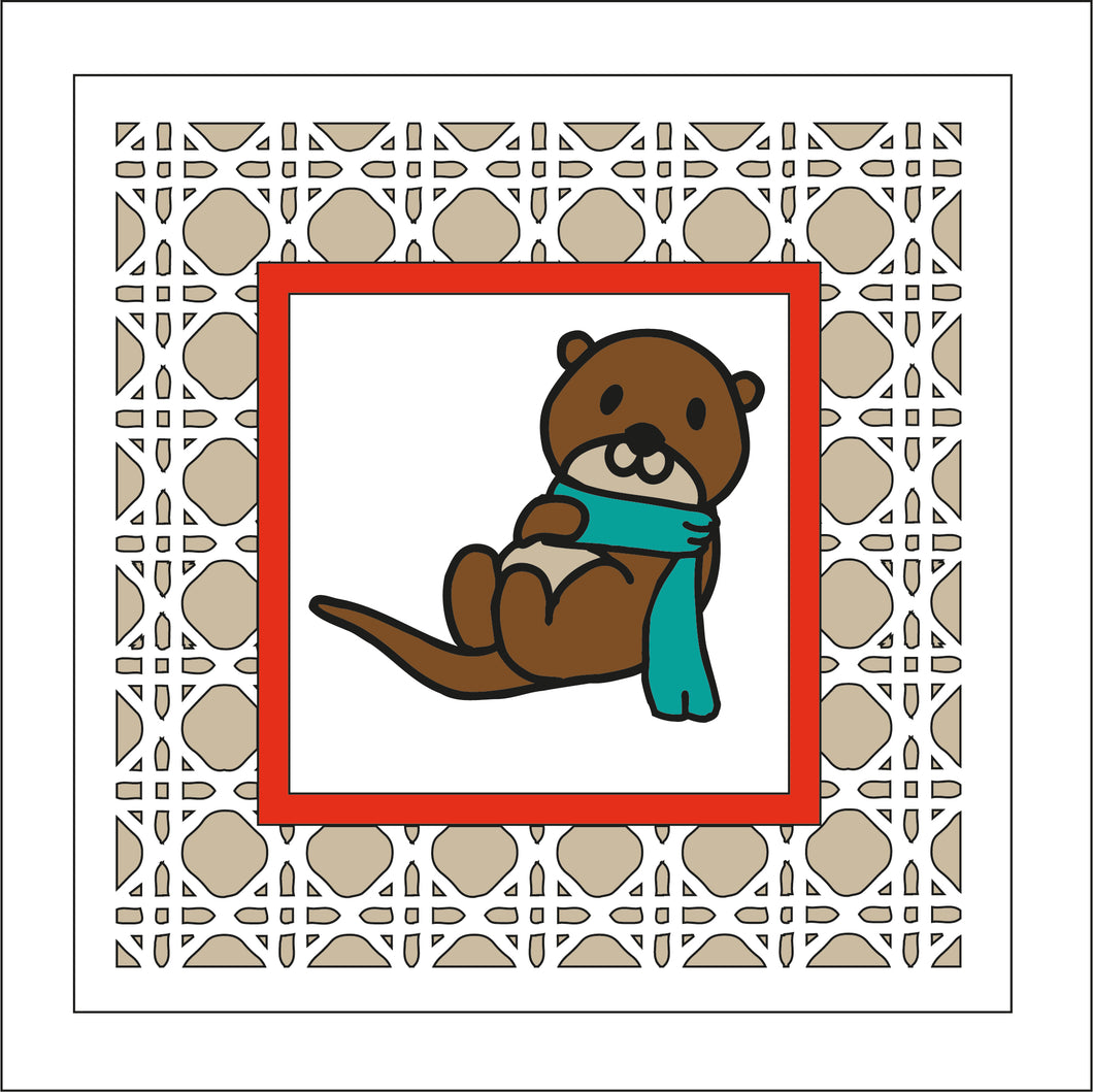 OL2460 - MDF Rattan effect square plaque Christmas doodle - Otter 1 - Olifantjie - Wooden - MDF - Lasercut - Blank - Craft - Kit - Mixed Media - UK