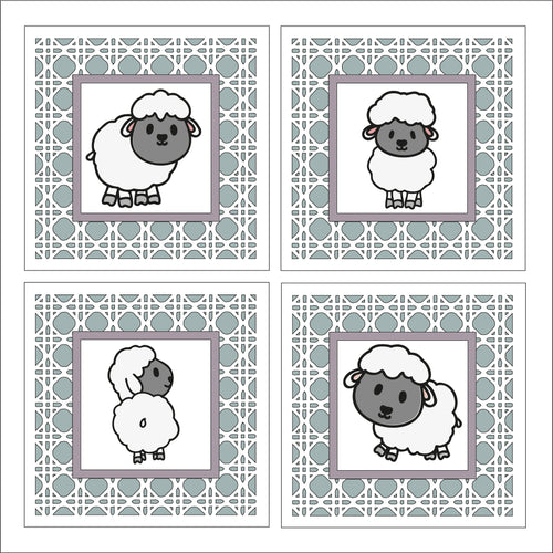 OL1797 - MDF set 4 rattan effect plaques - doodle Farm Sheep - Olifantjie - Wooden - MDF - Lasercut - Blank - Craft - Kit - Mixed Media - UK