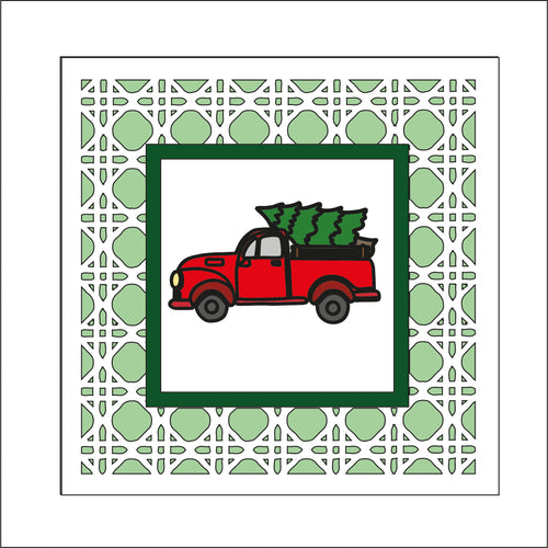 OL2417 - MDF Rattan effect square plaque Christmas Farmhouse Doodle - Truck with Tree - Olifantjie - Wooden - MDF - Lasercut - Blank - Craft - Kit - Mixed Media - UK