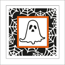 OL1916 - MDF Halloween Spider Web effect square plaque with doodle - Ghost 1 - Olifantjie - Wooden - MDF - Lasercut - Blank - Craft - Kit - Mixed Media - UK