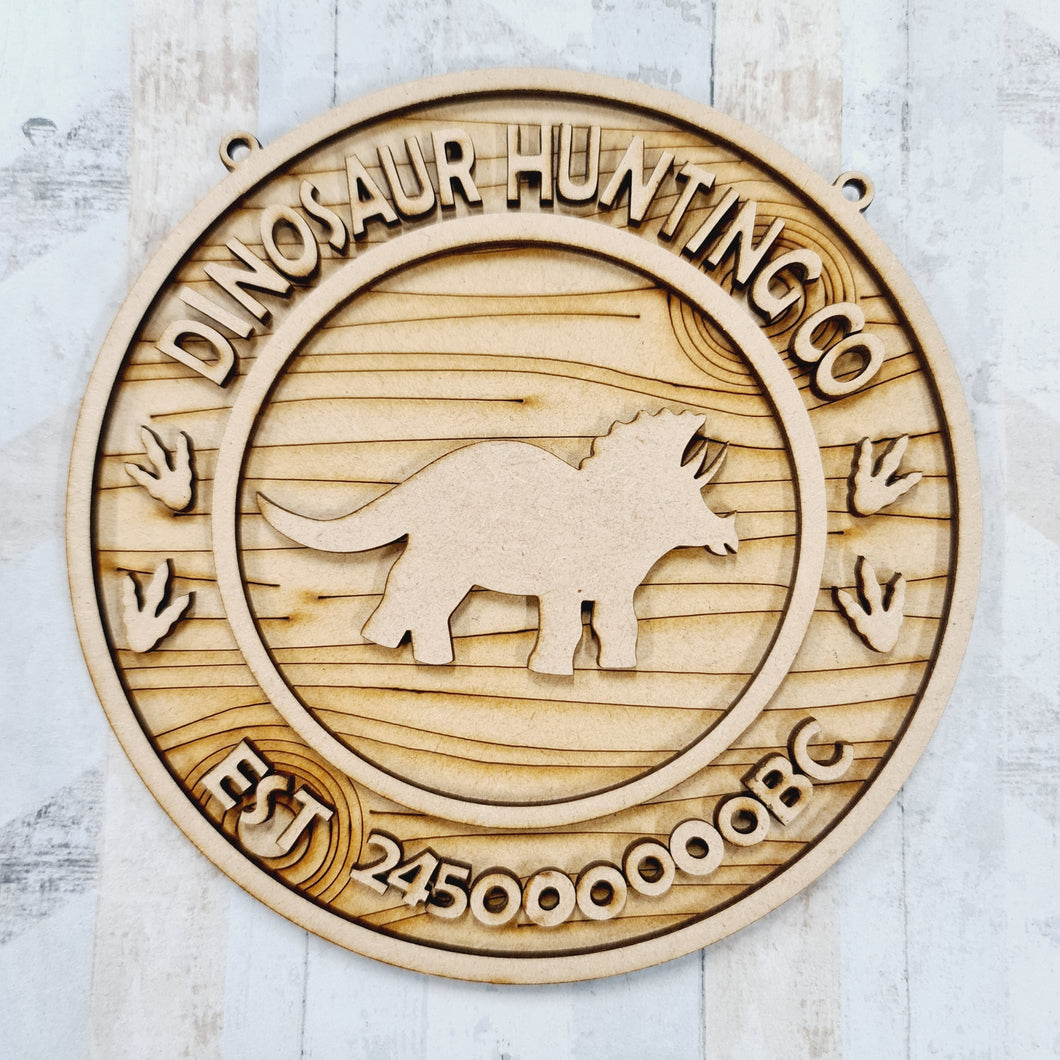 Ol927 - MDF Dinosaur Hunting Co round hanging Plaque - Olifantjie - Wooden - MDF - Lasercut - Blank - Craft - Kit - Mixed Media - UK