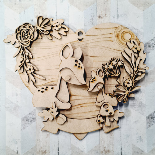 OL1191 - MDF Woodland Deer Heart Layered Plaque - Olifantjie - Wooden - MDF - Lasercut - Blank - Craft - Kit - Mixed Media - UK