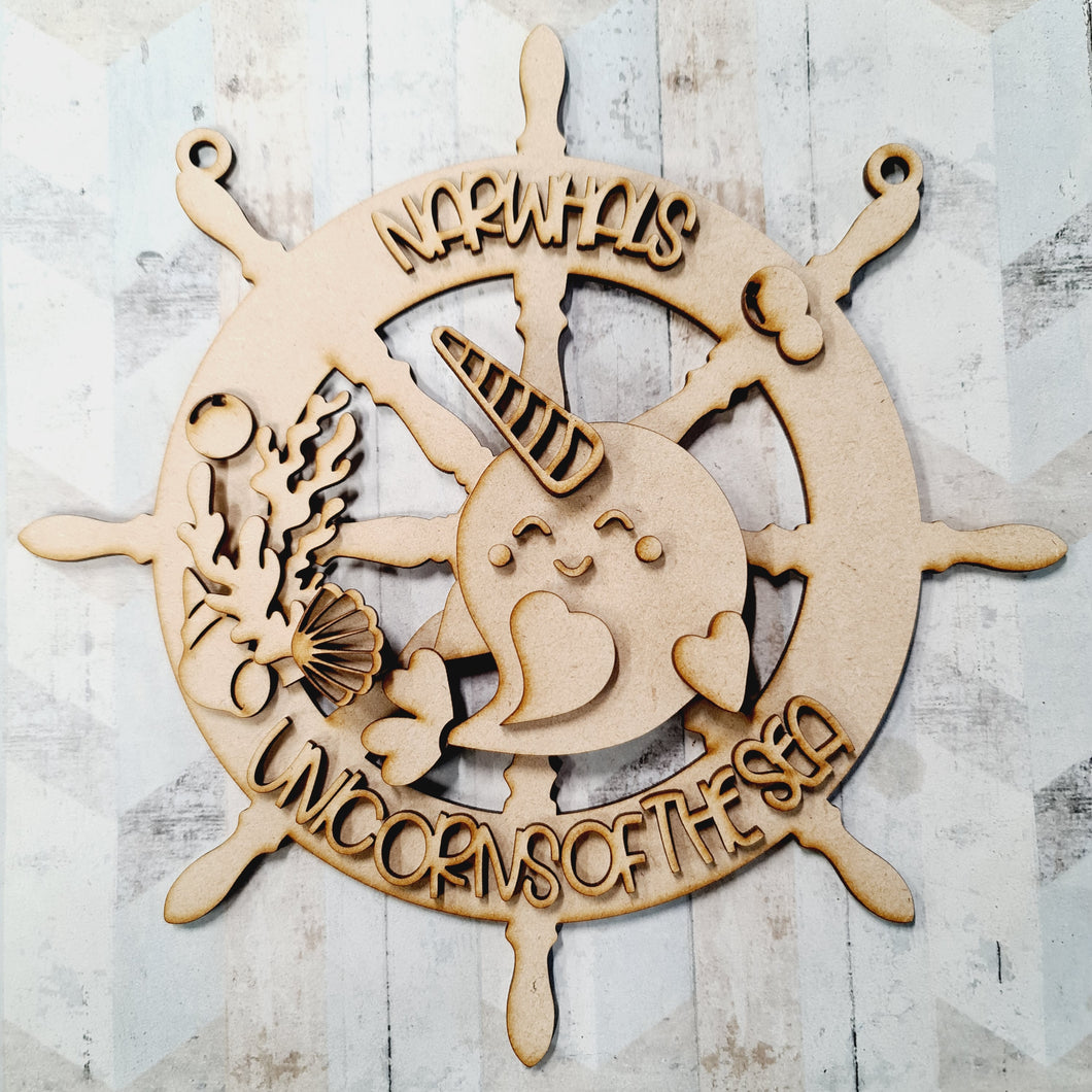 OL1307 - MDF Narwhals mermaids of the sea wheel - Olifantjie - Wooden - MDF - Lasercut - Blank - Craft - Kit - Mixed Media - UK