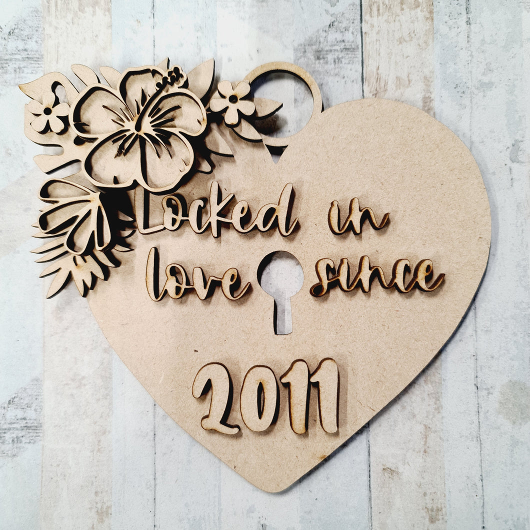 OL1278 - MDF Ornate Heart Padlock and Key with your date - Tropical Flowers - Olifantjie - Wooden - MDF - Lasercut - Blank - Craft - Kit - Mixed Media - UK