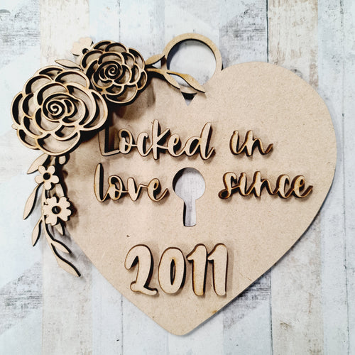 OL1279 - MDF Ornate Heart Padlock and Key with your date - Pretty Flowers - Olifantjie - Wooden - MDF - Lasercut - Blank - Craft - Kit - Mixed Media - UK