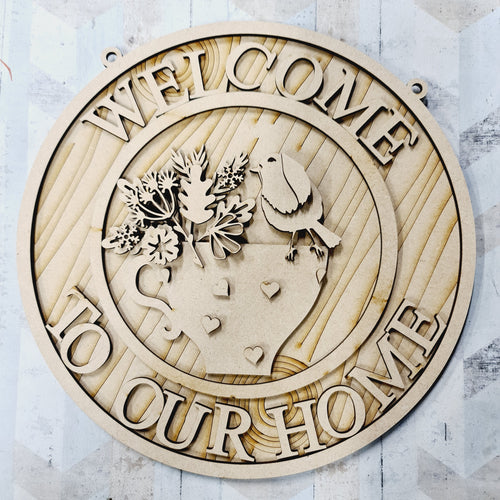 OL1333 - MDF ‘Welcome to our home’ Robin Bird round hanging Plaque - Olifantjie - Wooden - MDF - Lasercut - Blank - Craft - Kit - Mixed Media - UK