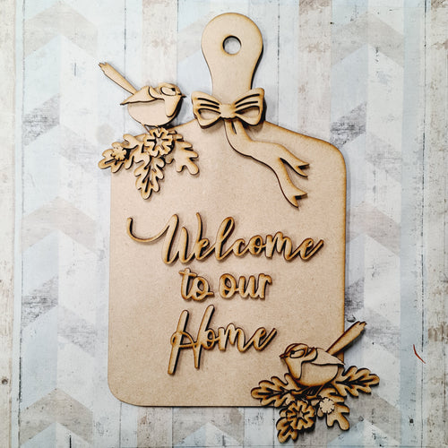 OL1328 - MDF chopping board - Wren Birds ‘Welcome to our Home’ - Olifantjie - Wooden - MDF - Lasercut - Blank - Craft - Kit - Mixed Media - UK