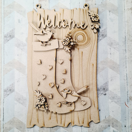 OL1327 - MDF ‘Welcome’ Wren Bird Large Wellies Plaque - Olifantjie - Wooden - MDF - Lasercut - Blank - Craft - Kit - Mixed Media - UK