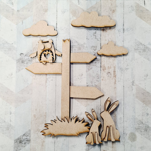 SJ515 - MDF Sarah Jane Owl and Rabbit Signpost - Olifantjie - Wooden - MDF - Lasercut - Blank - Craft - Kit - Mixed Media - UK