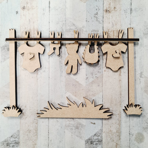 SJ517 - MDF Sarah Jane New Baby Washing Line - Olifantjie - Wooden - MDF - Lasercut - Blank - Craft - Kit - Mixed Media - UK