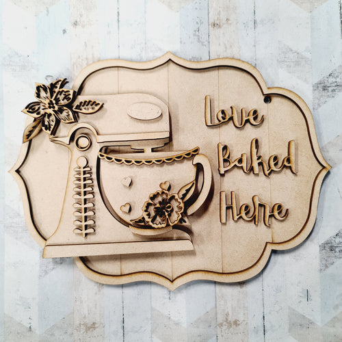 OL1344 - MDF ‘Love Baked Here’ Cake Mixer  hanging Plaque - Olifantjie - Wooden - MDF - Lasercut - Blank - Craft - Kit - Mixed Media - UK