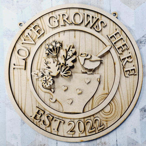 OL1326 - MDF ‘Love Grows Here EST … ’ Wren Bird round hanging Plaque - Olifantjie - Wooden - MDF - Lasercut - Blank - Craft - Kit - Mixed Media - UK