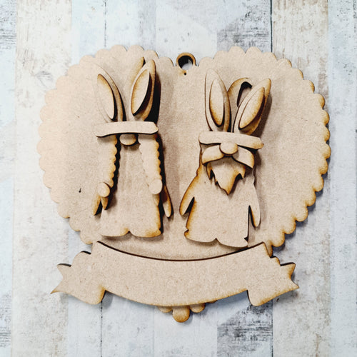OL1370  - MDF Gnome Easter Couple, Scallop Heart 10cm bauble - Different Gender Mix - Olifantjie - Wooden - MDF - Lasercut - Blank - Craft - Kit - Mixed Media - UK
